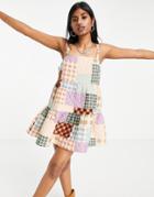 Asos Design Square Neck Quilted Mini Dress In Patchwork Gingham-multi