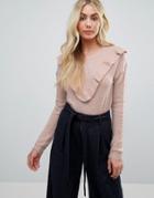 Brave Soul Frill Crew Neck Sweater - Pink