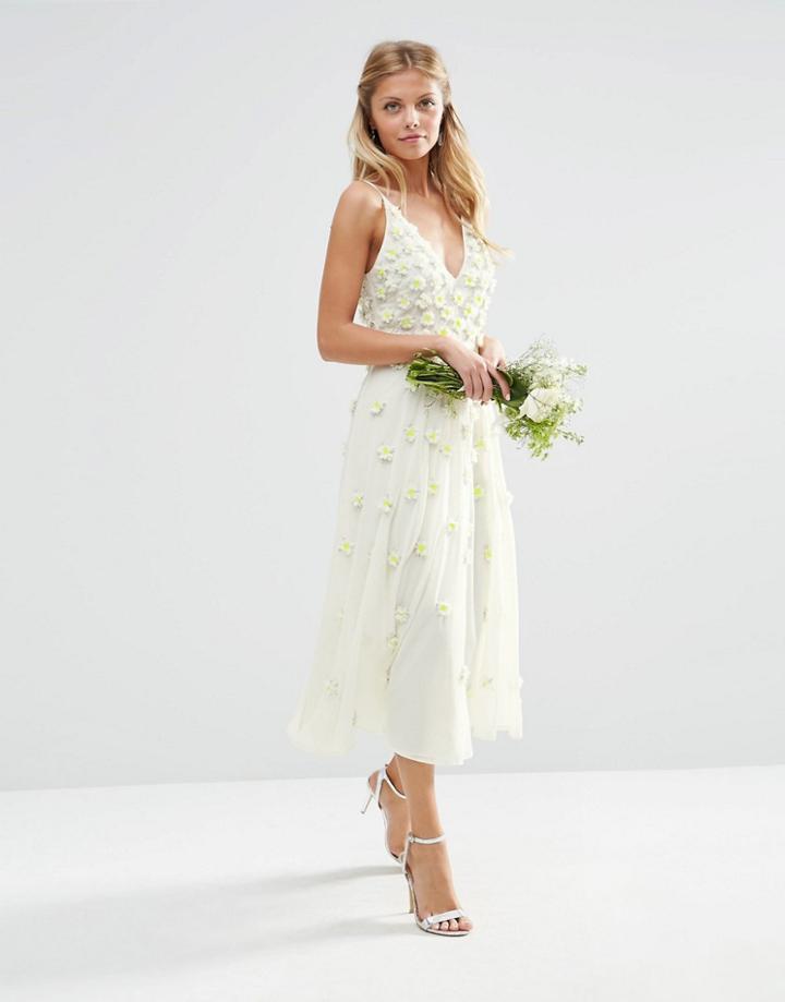 Asos Bridal 3d Floral Scattered Cami Midi Dress - White