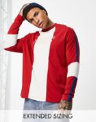 Asos Design Relaxed Long Sleeve T-shirt In Red And White Color Block With Text Print