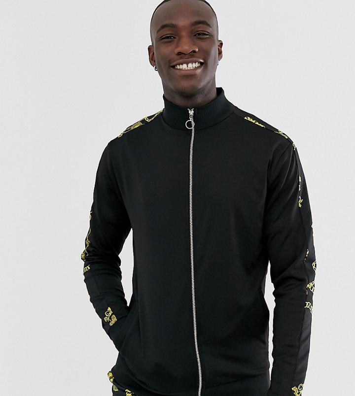 Asos Design Tall Two-piece Poly Tricot Track Top In Stripe & Baroque Print - Black