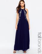 Little Mistress Tall Lace Panel Halter Maxi Dress With Open Back - Navy