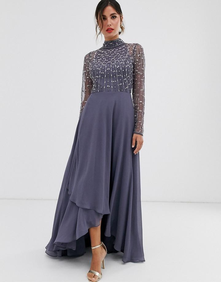 Asos Design Maxi Dress With Linear Embellished Bodice And Wrap Skirt-blue