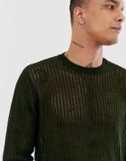 Asos Design Knitted Mesh Sweater In Khaki-green