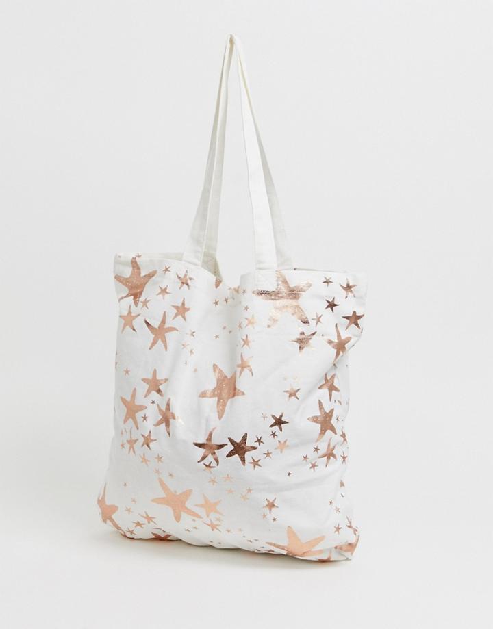 Asos Design Large Cotton Beach Tote Bag In Rose Gold Starfish Print-multi