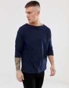 Asos Design Relaxed 3/4 Sleeve T-shirt With Boat Neck In Navy - Navy