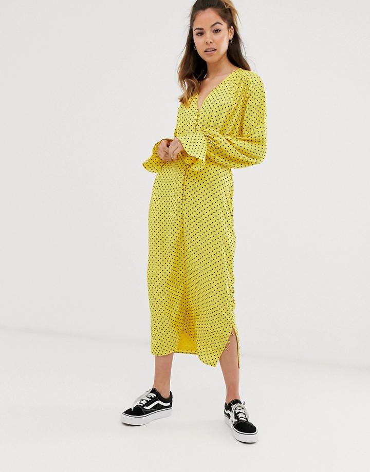 Asos Design Button Front Midi Tea Dress With Fluted Sleeve In Yellow Spot-multi