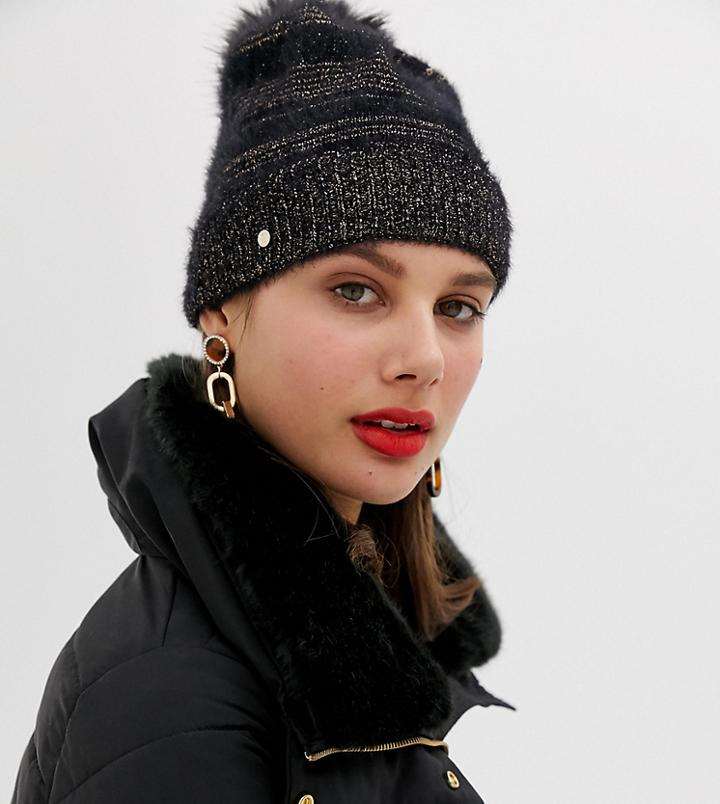 River Island Beanie Hat With Pom Detail In Black - Black