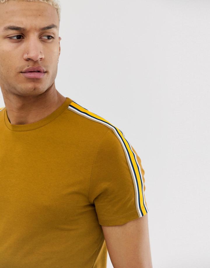 Asos Design T-shirt With Contrast Shoulder Taping In Tan - Brown