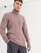 Asos Design Heavyweight Cable Knit Roll Neck Sweater In Pink