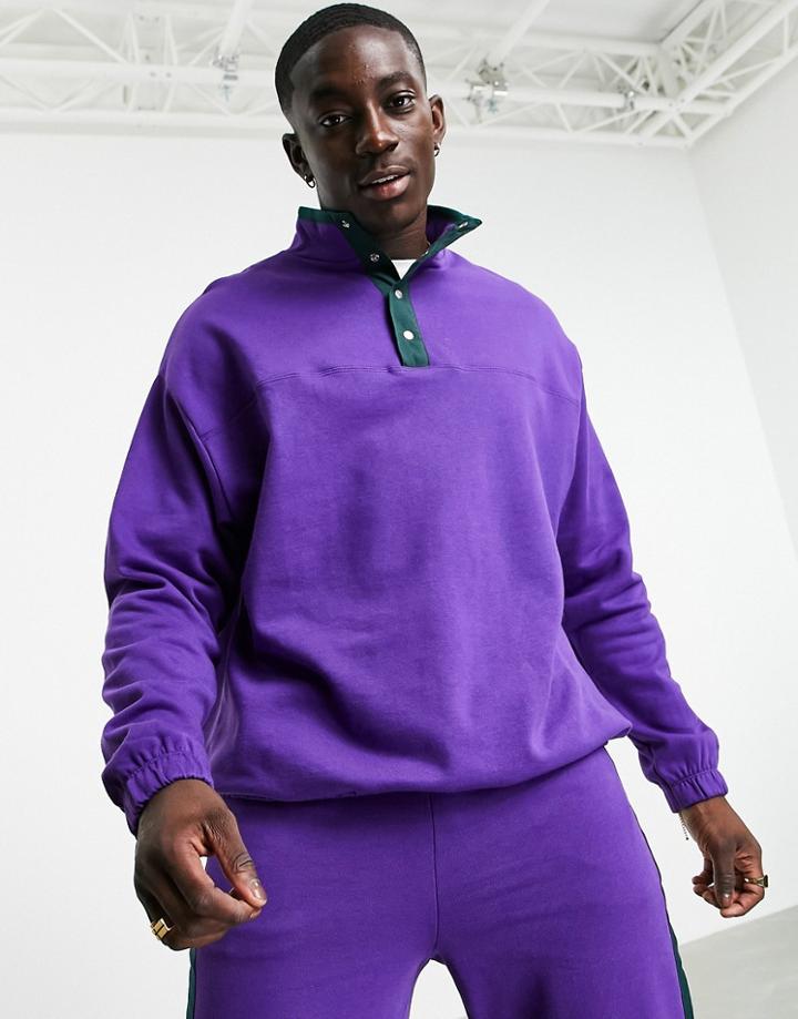 Asos Design Oversized Sweatshirt With Map Pocket & Placket In Purple- Part Of A Set