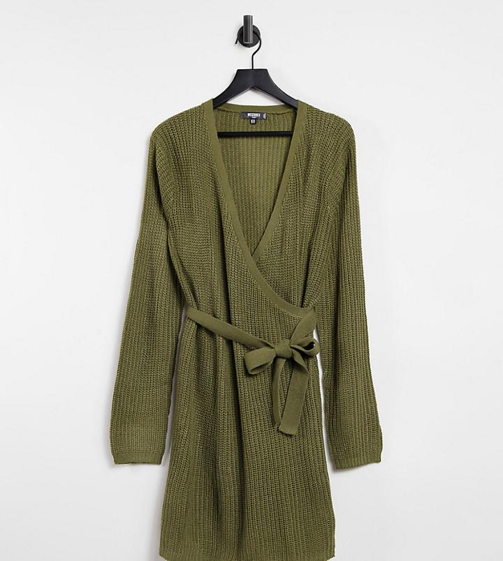 Missguided Plus Knit Wrap Dress With Belt In Khaki-green