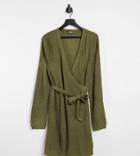 Missguided Plus Knit Wrap Dress With Belt In Khaki-green