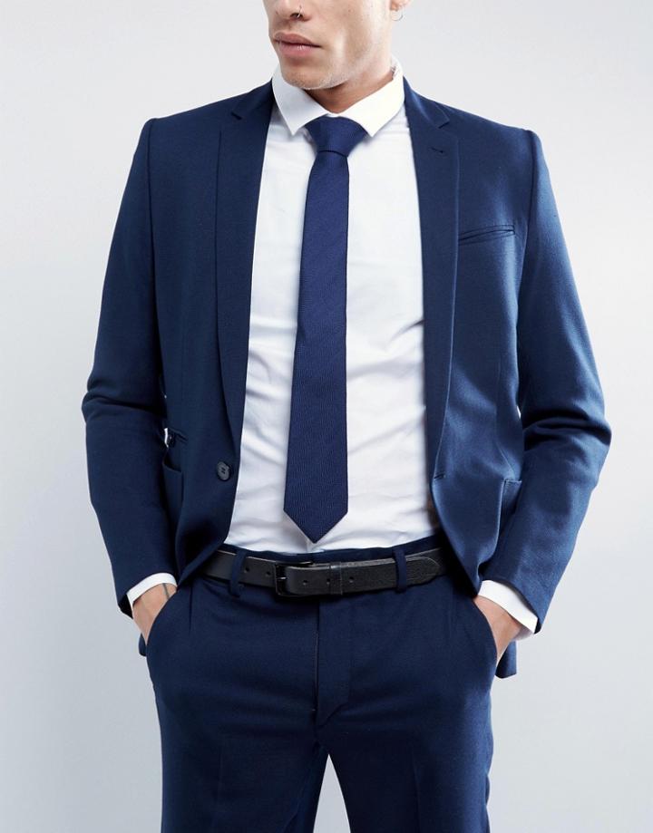 Asos Tie In Navy Textured Herringbone - Navy