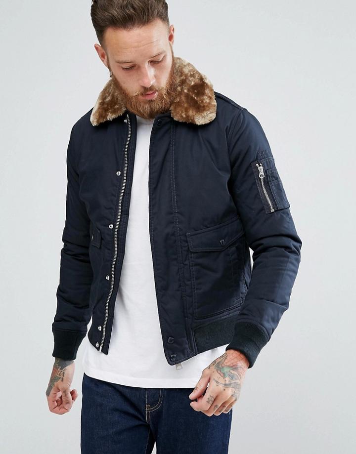 Schott Exclusive Air Bomber Jacket Detachable Faux Fur Collar Slim Fit In Navy/beige - Navy