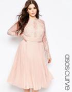 Asos Curve Pleated Midi Dress With Pretty Eyelash Lace - Pink