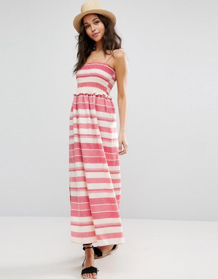 Asos Shirred Maxi Dress With Pom Pom Detail - Multi