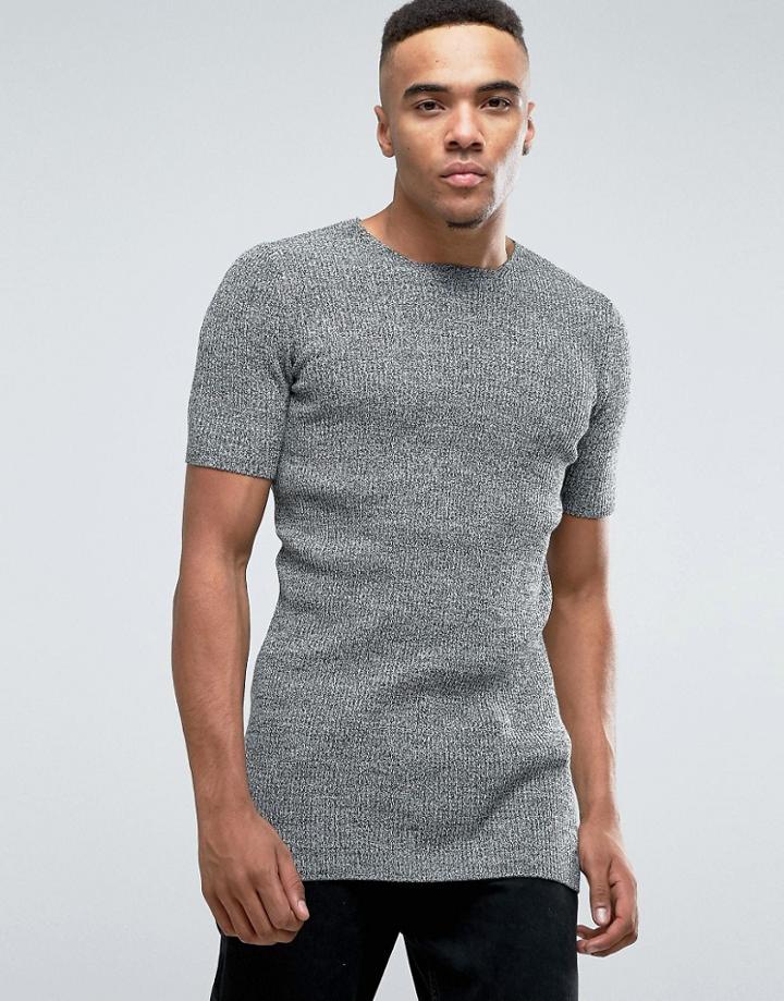 Asos Longline Ribbed Knitted T-shirt In Muscle Fit - Gray