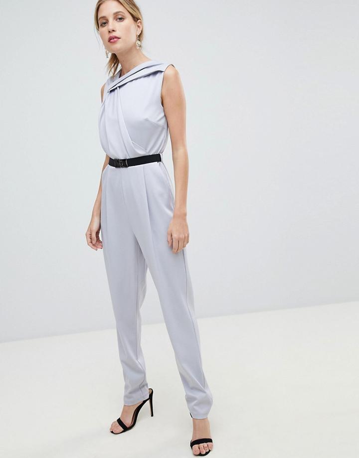 Little Mistress Belted Tailored Jumpsuit - Gray