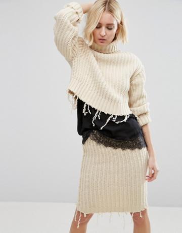 Stylenanda High Neck Sweater With Distressing Co-ord - Beige
