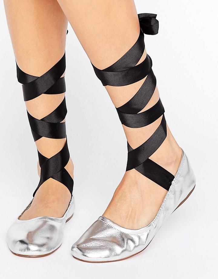 Pull & Bear Metallic Lace Up Ballet Pump - Silver