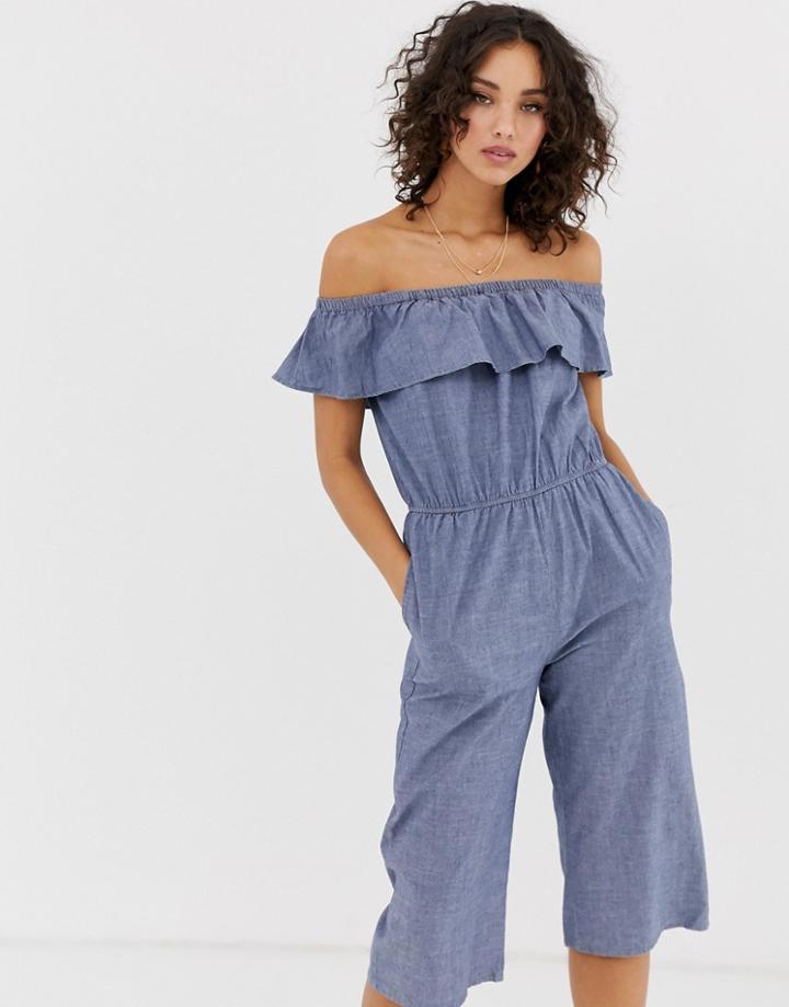 Vero Moda Off Shoulder Chambray Jumpsuit-blue