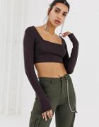 Prettylittlething Basic Square Neck Long Sleeve Crop Top In Chocolate - Brown