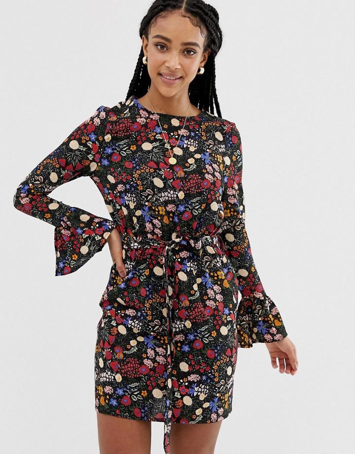 Parisian Floral Print Dress With Flare Sleeve And Tie Waist-multi