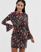 Parisian Floral Print Dress With Flare Sleeve And Tie Waist-multi