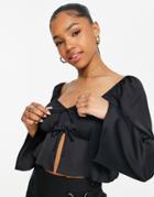 Miss Selfridge Satin Tie Front Long Sleeve Cropped Blouse In Black
