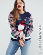 Club L Plus Snowman Holidays Sweater With Fairisle Sleeves - Navy