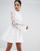 Prettylittlething Lace Fluted Sleeve Skater Dress - White
