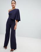 Club L One Shoulder Jumpsuit With Cape Sleeve - Navy