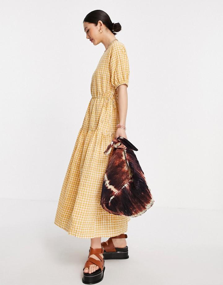 Y.a.s Maxi Skater Dress In Tan Gingham-brown