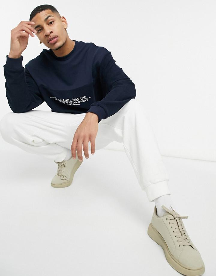 Asos Design Oversized Sweatshirt With Reverse Fleece Panel With Embroidery In Navy