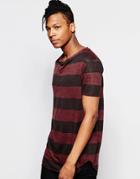 Asos Longline Stripe T-shirt With Scoop Neck In Linen Look - Red
