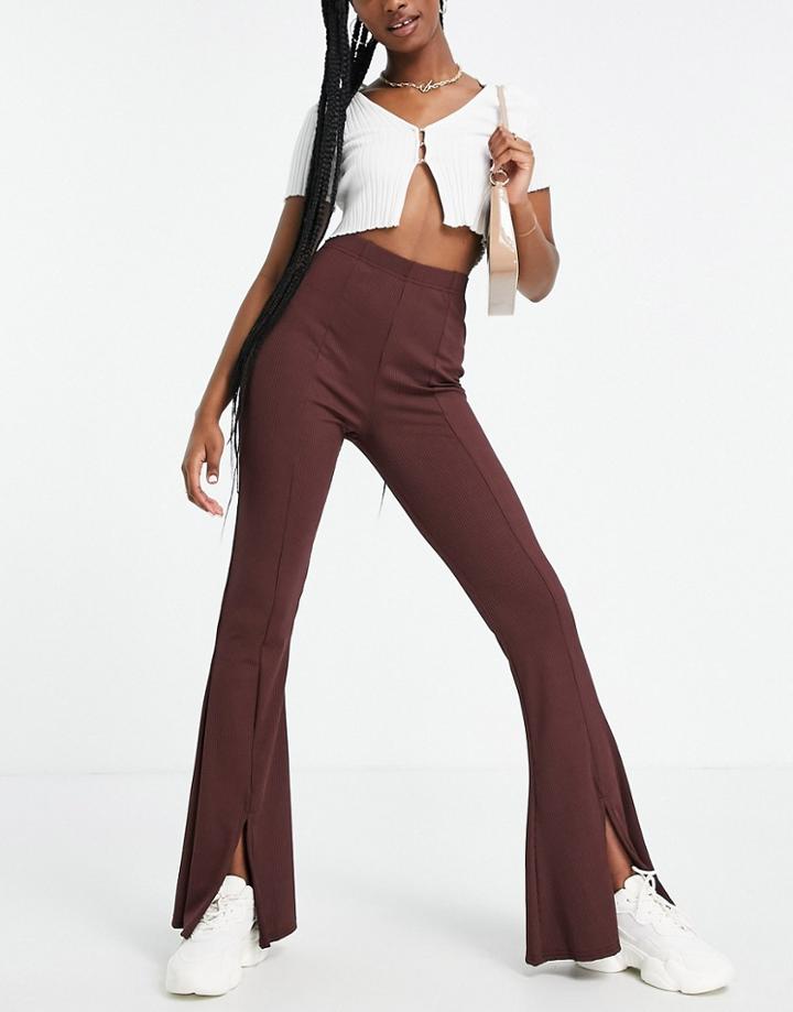Miss Selfridge Ribbed Split Front Pant In Chocolate Brown-multi