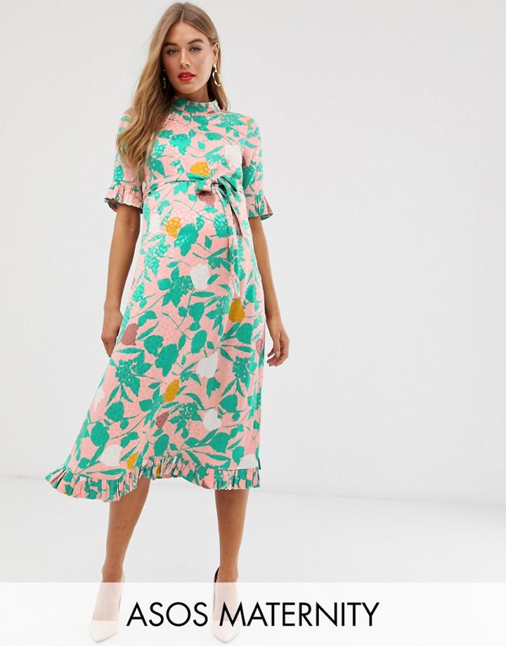 Asos Design Maternity Midi Jacquard Floral Column Dress With Belt