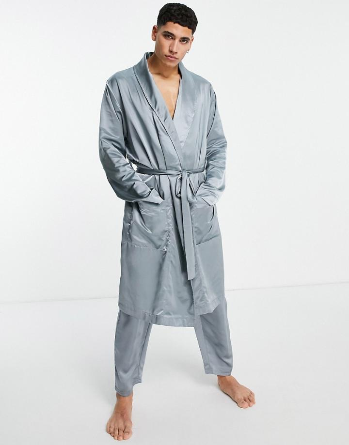 Asos Design Satin Dressing Gown - Part Of A Set-navy