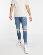 Topman Organic Cotton Blend Stretch Skinny Ripped Jeans In Mid Wash-blues