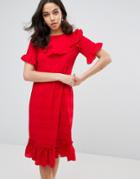 Lost Ink Ruffle Edge Dress - Red