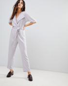 Asos Wrap Jumpsuit With Self Belt - Silver