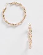 Asos Design Hoop Earrings In Twist Design With Colored Pearls In Gold Tone