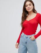 Brave Soul Long Sleeve Top With Sweetheart Neckline - Red