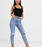 Asos Design Petite Farleigh High Waisted Slim Mom Jeans In Light Vintage Wash With Slashed Rips & Raw Hem Detail - Blue