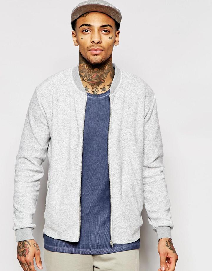 Asos Textured Jersey Bomber Jacket In Gray - Gray