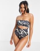 Asos Design Tie Back Bandeau Cut Out Swimsuit In Smudge Animal Print-multi