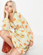 Asos Design Long Sleeve Ring Detail Maxi In Pastel Floral-multi