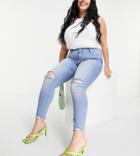 River Island Plus Ripped Knee Raw Hem Skinny Jeans In Light Blue-blues