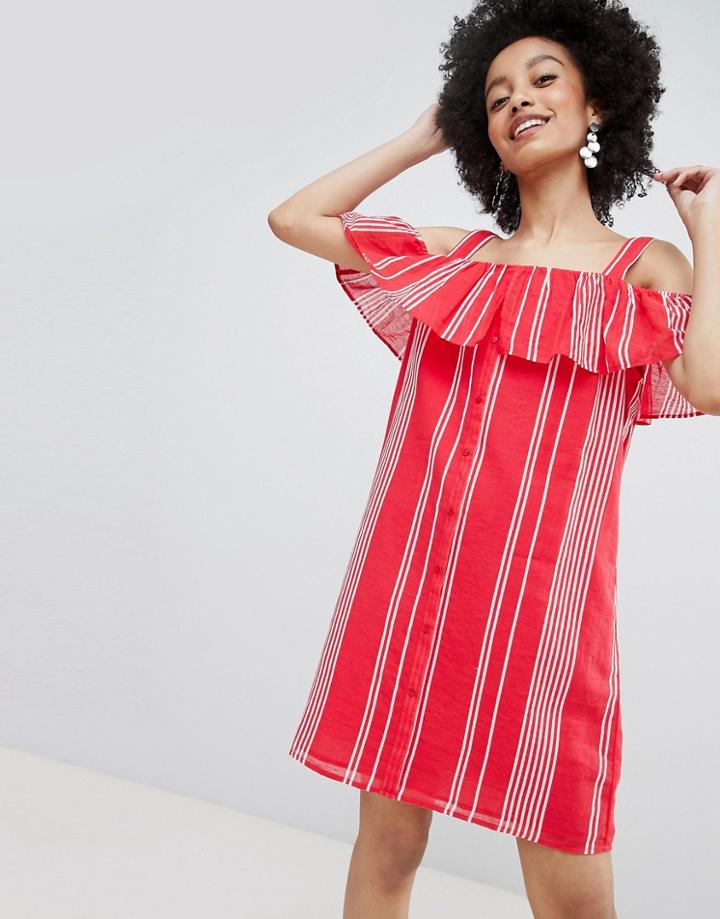 Only Stripe Cold Shoulder Button Through Dress - Red